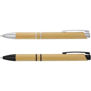 Two bamboo pens, one with a silver trim and the other with a black trim, displayed horizontally. Both have a metal clip.