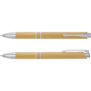 A bamboo pen in a natural finish with silver accents, featuring a sleek design and a clip. Includes a logo.