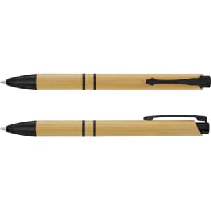 A bamboo pen set featuring natural bamboo colour with black accents and a clip, showcasing two different models.