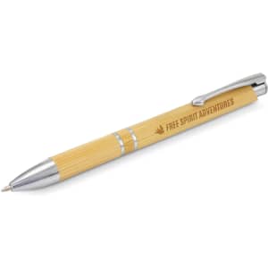 A bamboo pen with silver accents and a logo, showcasing a natural wooden finish.