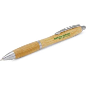 A bamboo pen with silver accents and a branding logo, highlighting its eco-friendly design.