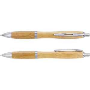 A bamboo pen featuring a sleek design with silver accents and a polished barrel. The pen has a branding logo.