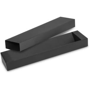 A black rectangular box with a lid, designed for packaging. The box is split open, revealing its interior.