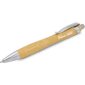 A bamboo pen with a silver clip and tip, featuring a branded logo.