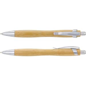 A bamboo pen with silver accents, featuring a sleek design and a clip for easy carrying.