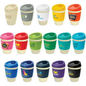 A collection of various coloured Metro Cup Bamboo drink bottles with lids and branding, featuring diverse designs.