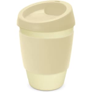 A drink bottle in a soft beige colour, featuring a curved lid and textured body, with a logo displayed.
