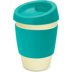 A drink bottle with a teal silicone lid and sleeve, featuring a cream-coloured base. It has a logo.