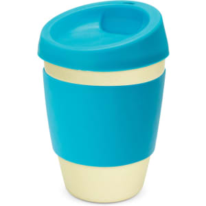 A drink bottle with a turquoise lid and sleeve, featuring a beige base and a logo.