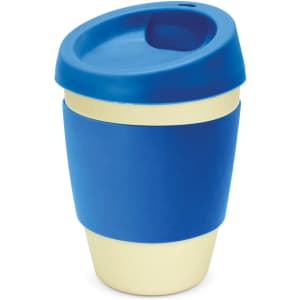 A drink bottle featuring a blue lid and a blue silicone sleeve, with a cream-coloured body and a logo.