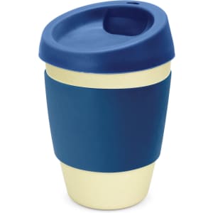 A drink bottle featuring a navy blue lid and sleeve, with a light cream bamboo body, and a logo present.