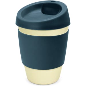 A drink bottle with a dark blue lid and sleeve, featuring a light beige body and a logo.