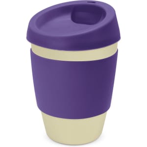 A drink bottle featuring a purple silicone exterior and a metallic gold base, topped with a matching lid.