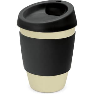 A drink bottle made from bamboo, featuring a black lid and a two-tone design of black and cream. It has a logo.