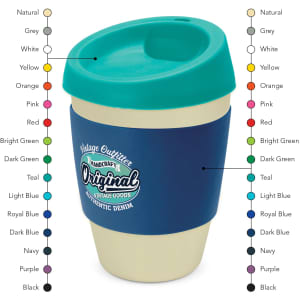 A drink bottle with a teal lid and a cream body, featuring a navy blue band and a logo.