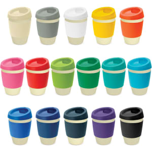 A drink bottle collection featuring various colours, including beige, grey, white, yellow, pink, green, blue, purple, and black, with lids.