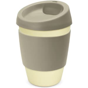 A drink bottle with a beige and pale green design, featuring a reusable lid and a logo.