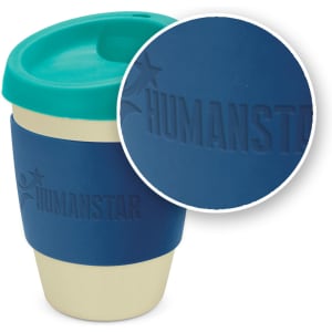 A drink bottle featuring a cream body with a teal lid and a blue silicone grip. It has a logo on the grip.