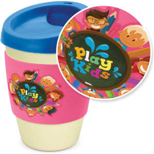 A drink bottle with a blue lid and pink sleeve featuring colourful illustrations of children and a logo.