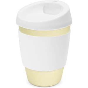 A drink bottle featuring a white exterior with a yellow base and a spill-proof lid. It has a logo on the side.