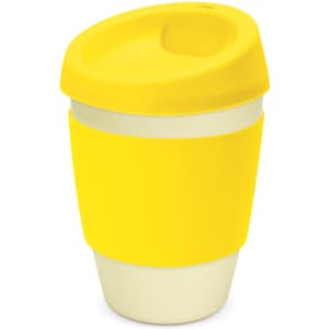 A drink bottle featuring a yellow silicone lid and sleeve with a light-coloured base, including a logo.