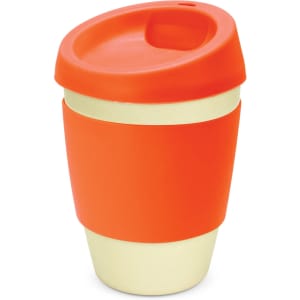 A drink bottle featuring a bright orange exterior and a beige base, with a secure, spill-proof lid. There is a logo present.