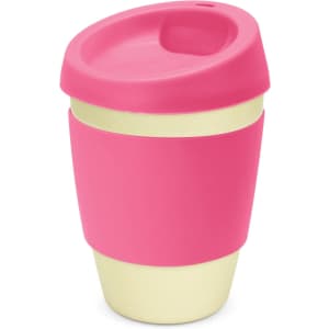 A drink bottle featuring a pink lid and grip, with a cream-coloured base and a logo on it.