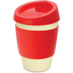 A drink bottle featuring a red lid and sleeve, with a beige body. It has a logo on the surface.