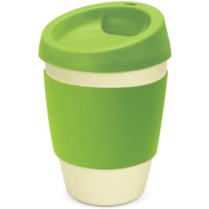 A drink bottle with a green silicone lid and sleeve, featuring a cream-coloured base and a logo.