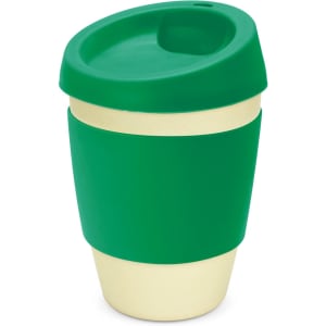 A drink bottle featuring a green lid and sleeve with a light beige body, complete with a logo.