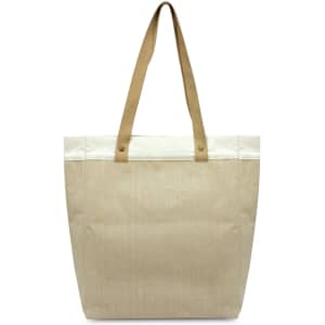A beige canvas tote bag with brown straps and a logo on the side. Suitable for casual use or shopping.