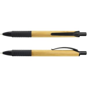 A bamboo pen with black accents, featuring a textured grip and a clip for easy attachment.