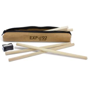 A colouring set featuring a zippered case, wooden pencils, and a sharpener in a neutral colour palette.