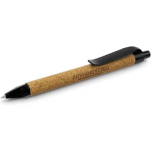 A plastic pen with a cork-like body and black accents, featuring a clip and branding.