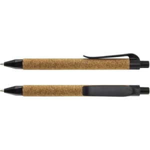 A pair of cork-covered plastic pens in black with black clips, featuring a simple, eco-friendly design.