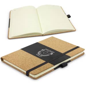 A cork-covered notebook with an elastic band, featuring lined pages and a logo on the front.