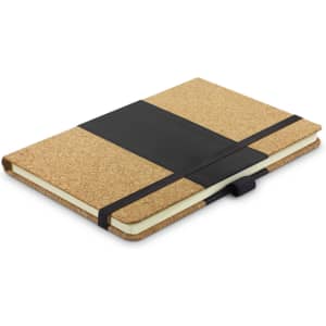 A cork notebook with a black elastic band, featuring a softcover and a contrasting interior. It has a logo on the cover.