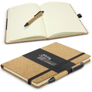 A cork-covered notebook with a black elastic band and matching pen, featuring lined pages and a logo.