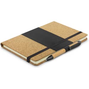A cork notebook with a black elastic strap, paired with a black pen, featuring a logo.