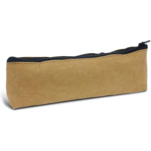 A tan pencil case with a zipper and a black interior, featuring a branding logo.