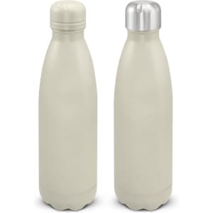A drink bottle in a smooth, cream colour with a silver and matching cap. It features a logo.