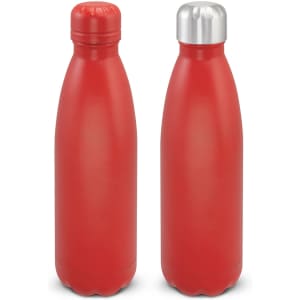 A drink bottle featuring a red powder-coated finish with a silver and red cap, designed for vacuum insulation.