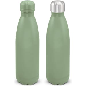 A drink bottle in a soft green colour with a stainless steel cap and a smooth, matte finish. It has a logo feature.