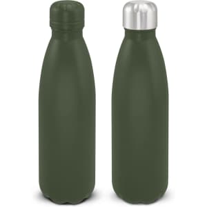 A drink bottle in olive green with a powder-coated finish and a stainless steel lid. Features a simple branding logo.