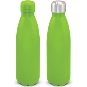 A drink bottle featuring a vibrant green powder-coated finish with a metallic silver cap and a branding logo.