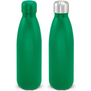 A drink bottle with a smooth green powder-coated finish and a silver metal cap, featuring a logo on the front.