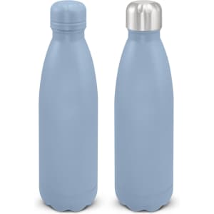 A drink bottle in light blue with a stainless steel cap and a smooth matte finish. Features a logo.