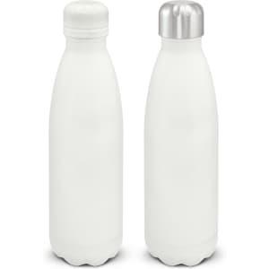 A drink bottle in matte white with a screw-on cap and a silver lid, featuring a logo.