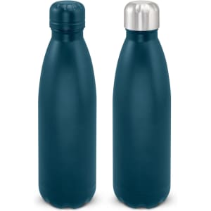 A drink bottle featuring a matte teal finish and a stainless steel cap, with a sleek, modern design and logo.