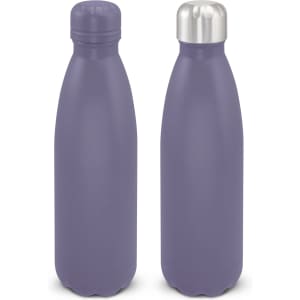 A drink bottle featuring a matte purple finish and a stainless steel screw-on lid, with a logo on the side.